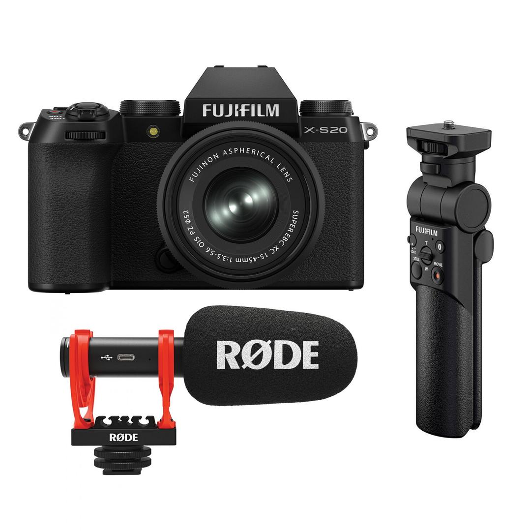 Fujifilm X-S20 with XC 15-45mm, TG-BT1 Grip and Rode Video Mic Go
