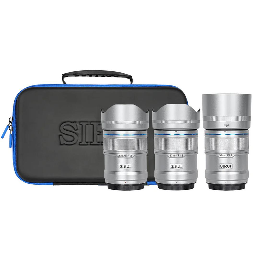 SIRUI Sniper 23mm, 33mm & 56mm F1.2 APSC Lens Kit for Sony E (Silver, Carbon Fibre)